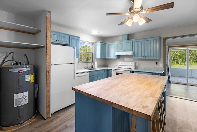 kitchen with a sink, white appliances, under cabinet range hood, electric water heater, and blue cabinets
