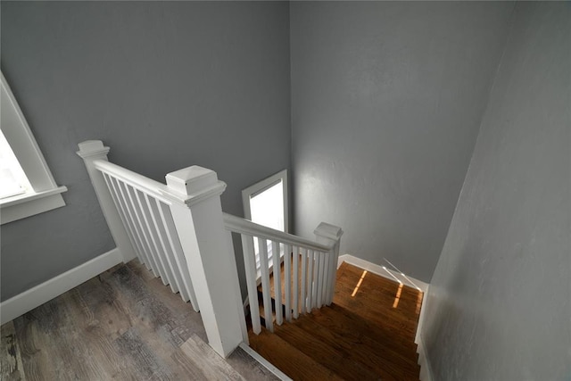stairway featuring baseboards, wood finished floors, and a wealth of natural light