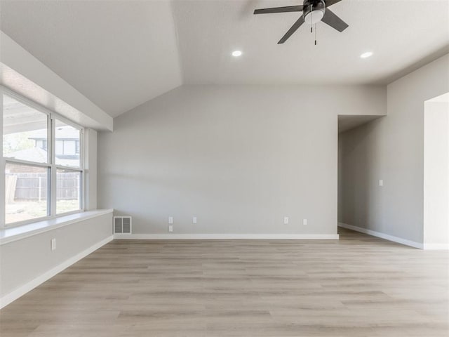 spare room featuring visible vents, ceiling fan, recessed lighting, and light wood-style floors