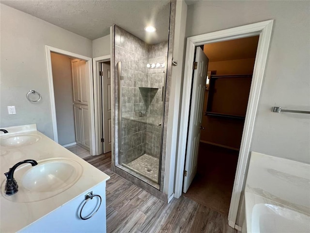 bathroom with a shower stall, wood finished floors, and a sink