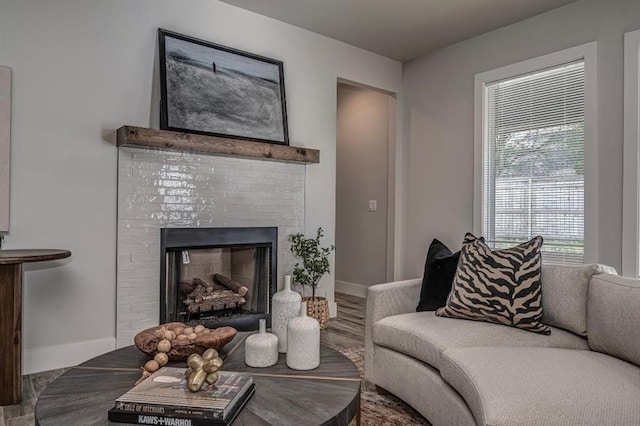 living area with a fireplace and baseboards