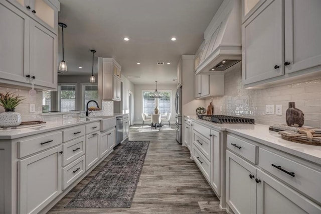 kitchen featuring dark wood finished floors, recessed lighting, custom exhaust hood, appliances with stainless steel finishes, and a sink