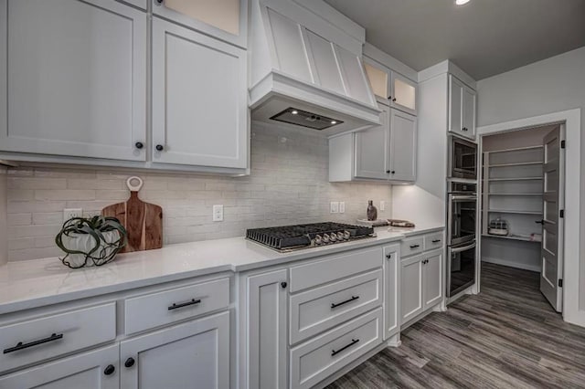 kitchen with dark wood finished floors, white cabinetry, custom exhaust hood, stainless steel appliances, and decorative backsplash