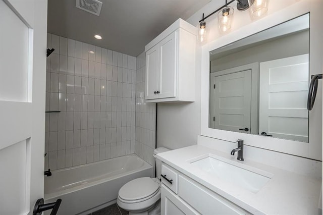 full bath with shower / bathtub combination, vanity, visible vents, recessed lighting, and toilet