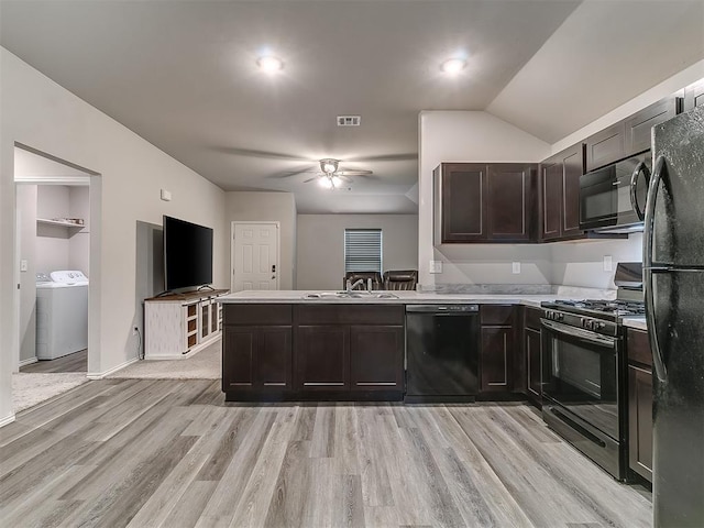 9704 Saddle Dr, Yukon, OK 73099 - kitchen featuring a peninsula, light wood-style flooring, visible vents, ceiling fan, and black appliances