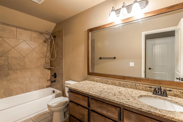 5800 SE 142nd St, Oklahoma City, OK 73165 - bathroom with shower / washtub combination, toilet, a textured wall, vanity, and tile patterned floors