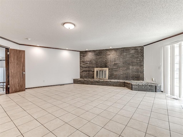 7700 S Country Club Dr, Oklahoma City, OK 73159 - unfurnished living room featuring a fireplace, a textured ceiling, and crown molding