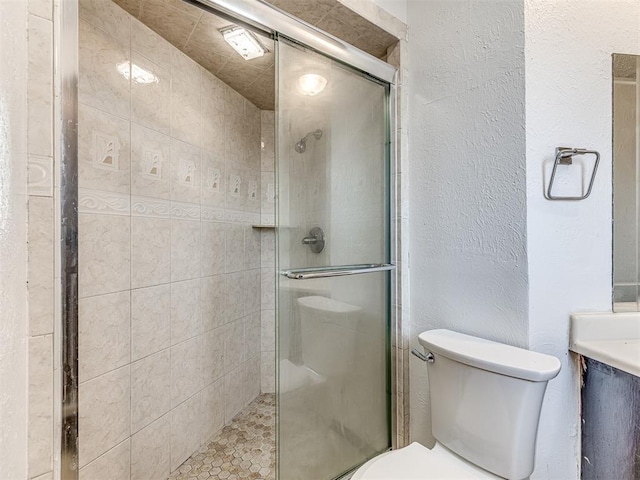 7700 S Country Club Dr, Oklahoma City, OK 73159 - bathroom featuring a shower stall, toilet, vanity, and a textured wall