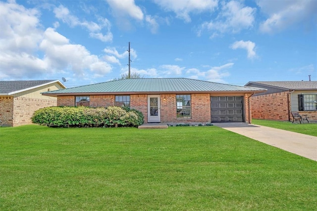 ranch-style home featuring a front lawn, an attached garage, metal roof, and concrete driveway