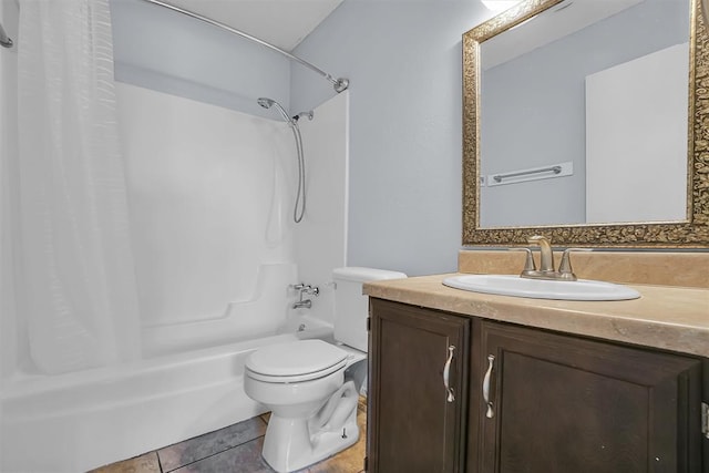 full bathroom with tile patterned flooring, shower / tub combo, vanity, and toilet