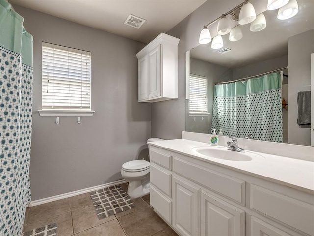 bathroom featuring toilet, visible vents, tile patterned flooring, and vanity