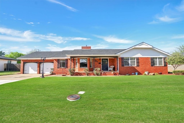 ranch-style home with a garage, a front yard, brick siding, and driveway
