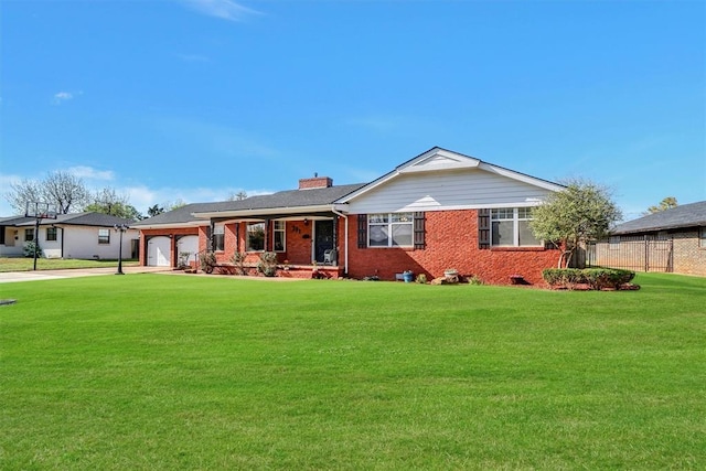 ranch-style home featuring brick siding, driveway, an attached garage, and a front lawn