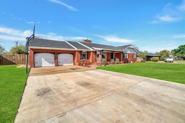 ranch-style house featuring an attached garage, driveway, a front lawn, and brick siding