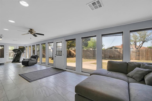living area featuring marble finish floor, ceiling fan, visible vents, and recessed lighting