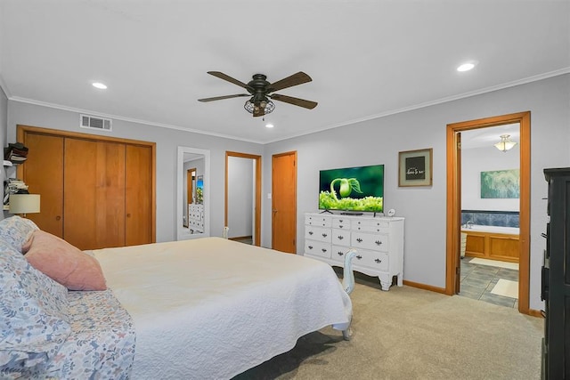 carpeted bedroom featuring ornamental molding, visible vents, baseboards, and recessed lighting