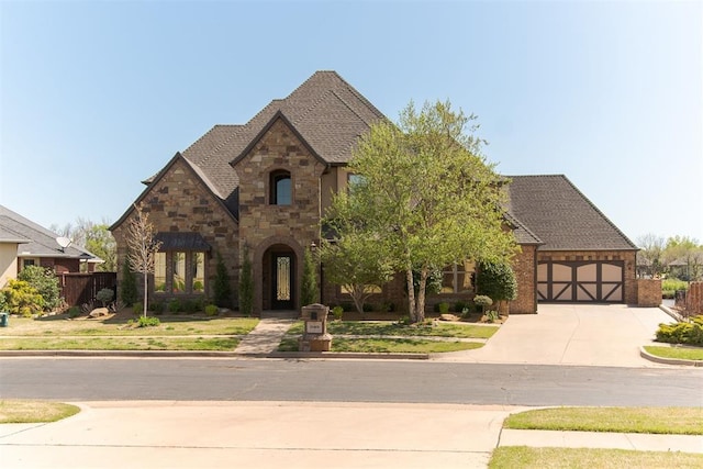view of front of home with concrete driveway, stone siding, and brick siding