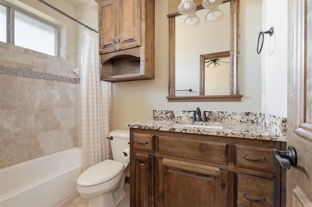 full bathroom featuring toilet, vanity, and shower / bath combination with curtain