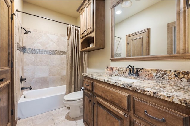 full bathroom featuring vanity, recessed lighting, shower / tub combo with curtain, tile patterned floors, and toilet