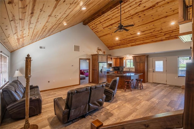 4556 Cobra Ln, Kingston, OK 73439 - living area with high vaulted ceiling, light wood finished floors, ceiling fan, and visible vents