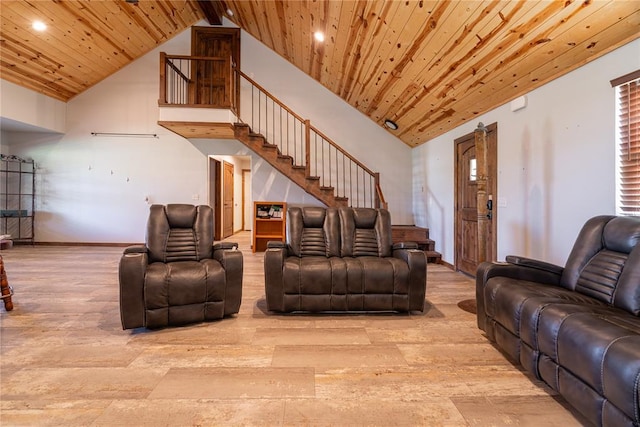 4556 Cobra Ln, Kingston, OK 73439 - living area featuring recessed lighting, stairway, wooden ceiling, and wood finished floors