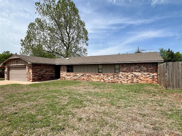 136 Skyline Dr, Chickasha, OK 73018 - ranch-style house featuring driveway, board and batten siding, a front lawn, an attached garage, and brick siding