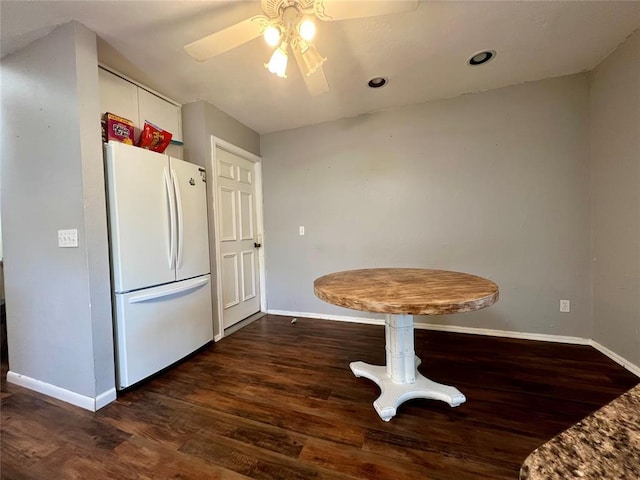 136 Skyline Dr, Chickasha, OK 73018 - unfurnished dining area with ceiling fan, dark wood-style flooring, baseboards, and recessed lighting