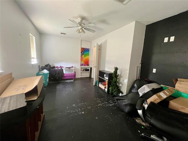 136 Skyline Dr, Chickasha, OK 73018 - bedroom featuring concrete floors, ceiling fan, and visible vents