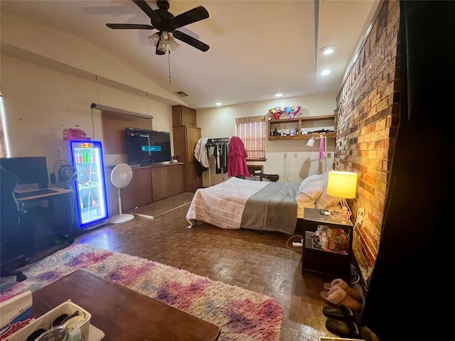 136 Skyline Dr, Chickasha, OK 73018 - bedroom featuring visible vents, a ceiling fan, lofted ceiling, and recessed lighting