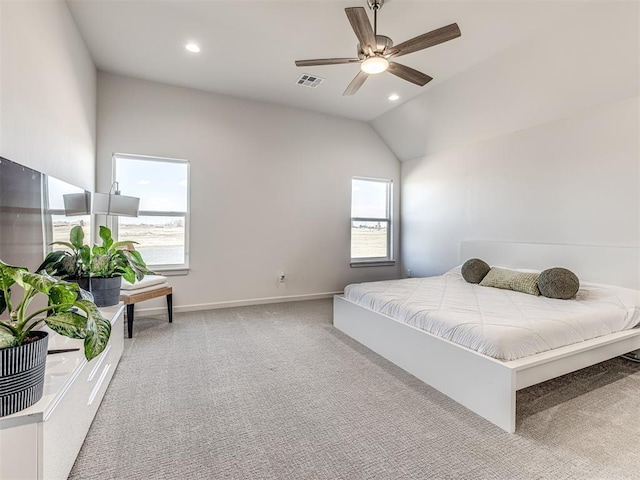 bedroom featuring baseboards, recessed lighting, carpet flooring, visible vents, and lofted ceiling