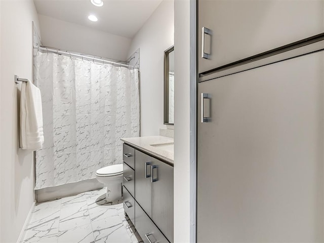 bathroom with toilet, curtained shower, marble finish floor, and vanity