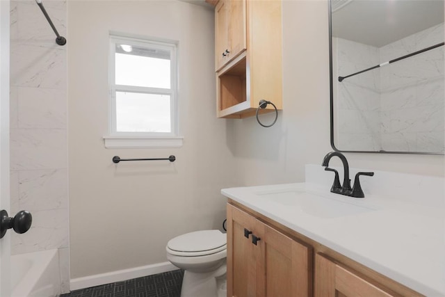 full bath with toilet, vanity, baseboards, and tub / shower combination