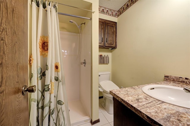 1113 Bank Side Cir, Edmond, OK 73012 - bathroom with vanity, toilet, a stall shower, and tile patterned floors