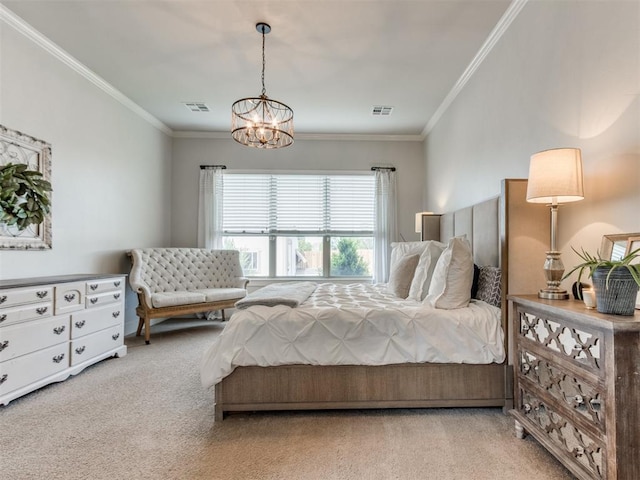 carpeted bedroom with crown molding, a chandelier, and visible vents