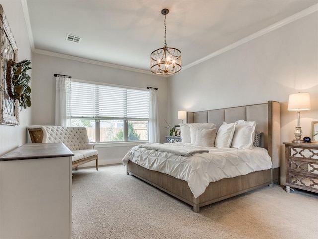 bedroom with crown molding, light carpet, a chandelier, and visible vents