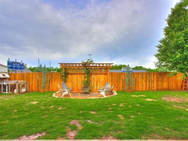 view of yard featuring a fenced backyard and a fire pit