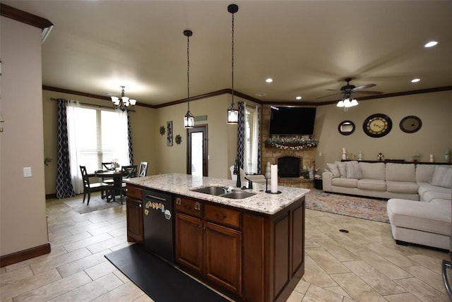 kitchen with a stone fireplace, ornamental molding, recessed lighting, dishwasher, and a sink