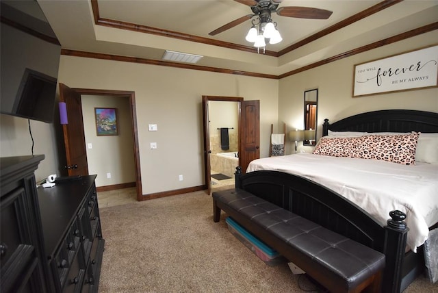 bedroom featuring a raised ceiling, crown molding, light carpet, and visible vents