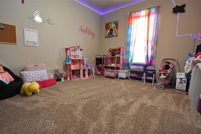 recreation room with a wealth of natural light and carpet floors