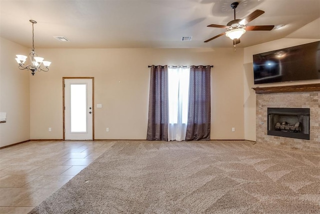 3719 Black Forrest Ct, Newcastle, OK 73065 - unfurnished living room with a wealth of natural light, visible vents, baseboards, and ceiling fan with notable chandelier