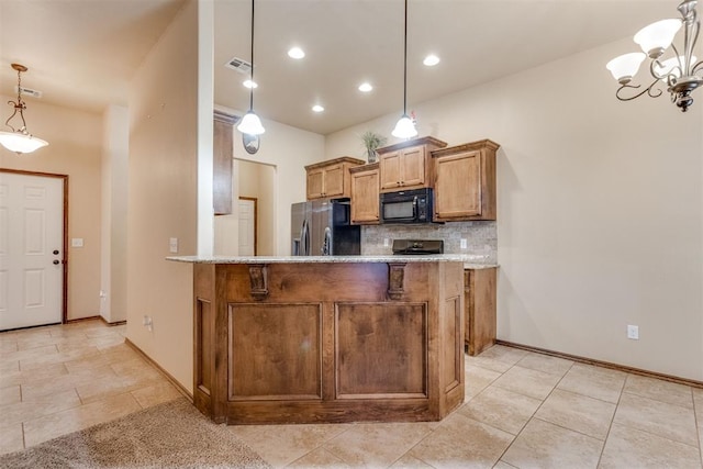3719 Black Forrest Ct, Newcastle, OK 73065 - kitchen with stainless steel fridge with ice dispenser, black microwave, backsplash, visible vents, and brown cabinetry