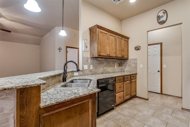 3719 Black Forrest Ct, Newcastle, OK 73065 - kitchen with a sink, brown cabinetry, black dishwasher, and light stone counters