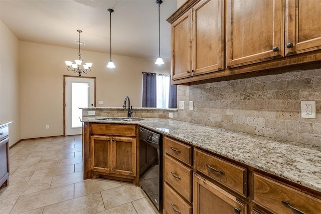 3719 Black Forrest Ct, Newcastle, OK 73065 - kitchen with dishwasher, a sink, a peninsula, brown cabinetry, and backsplash