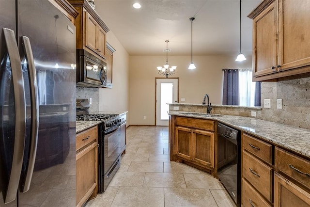 3719 Black Forrest Ct, Newcastle, OK 73065 - kitchen featuring a peninsula, backsplash, black appliances, brown cabinetry, and a sink