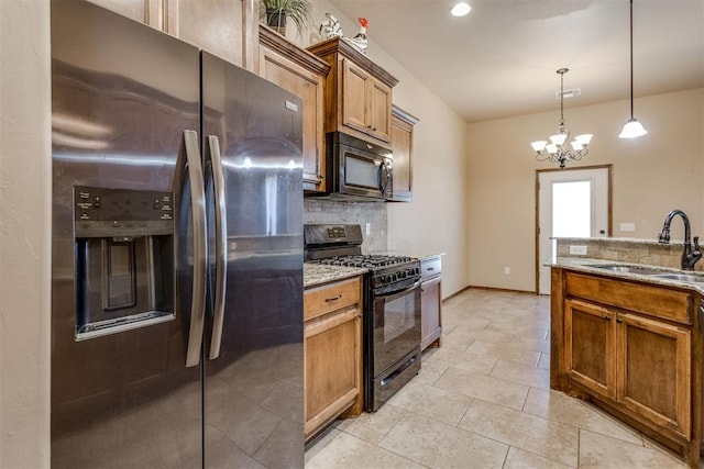 3719 Black Forrest Ct, Newcastle, OK 73065 - kitchen featuring a sink, backsplash, black appliances, and light stone counters