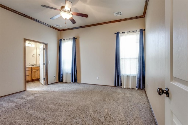 3719 Black Forrest Ct, Newcastle, OK 73065 - unfurnished room featuring visible vents, light colored carpet, ornamental molding, and ceiling fan