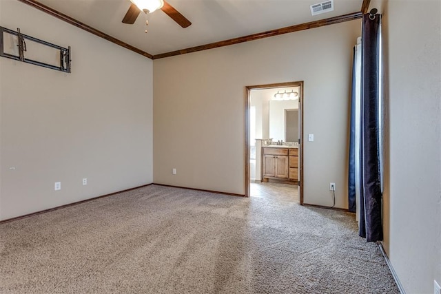 3719 Black Forrest Ct, Newcastle, OK 73065 - spare room with visible vents, light colored carpet, crown molding, and ceiling fan