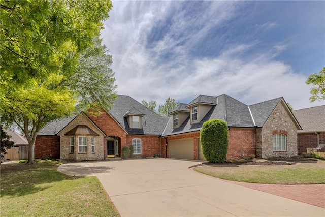 french country style house with fence, a front lawn, roof with shingles, concrete driveway, and brick siding