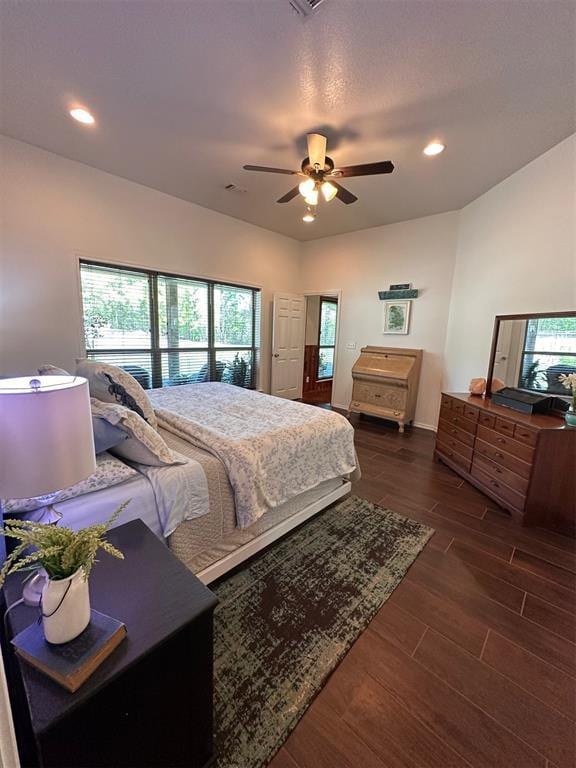 bedroom with visible vents, recessed lighting, wood finished floors, and a ceiling fan