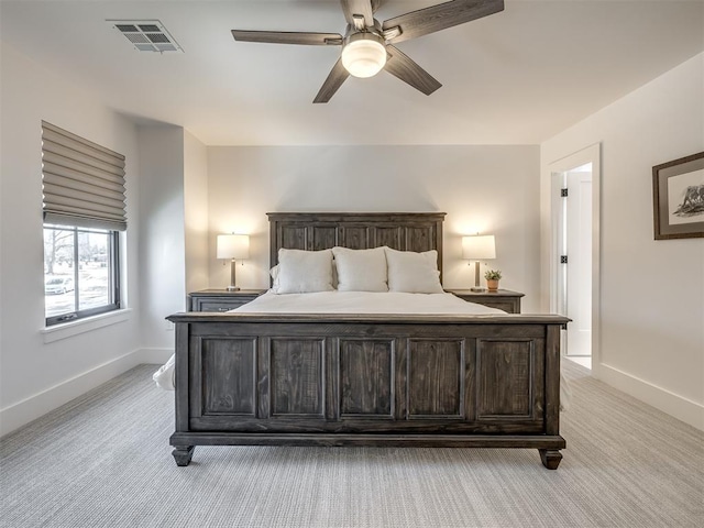 2320 Belleview Dr, Oklahoma City, OK 73112 - bedroom featuring light carpet, visible vents, baseboards, and a ceiling fan